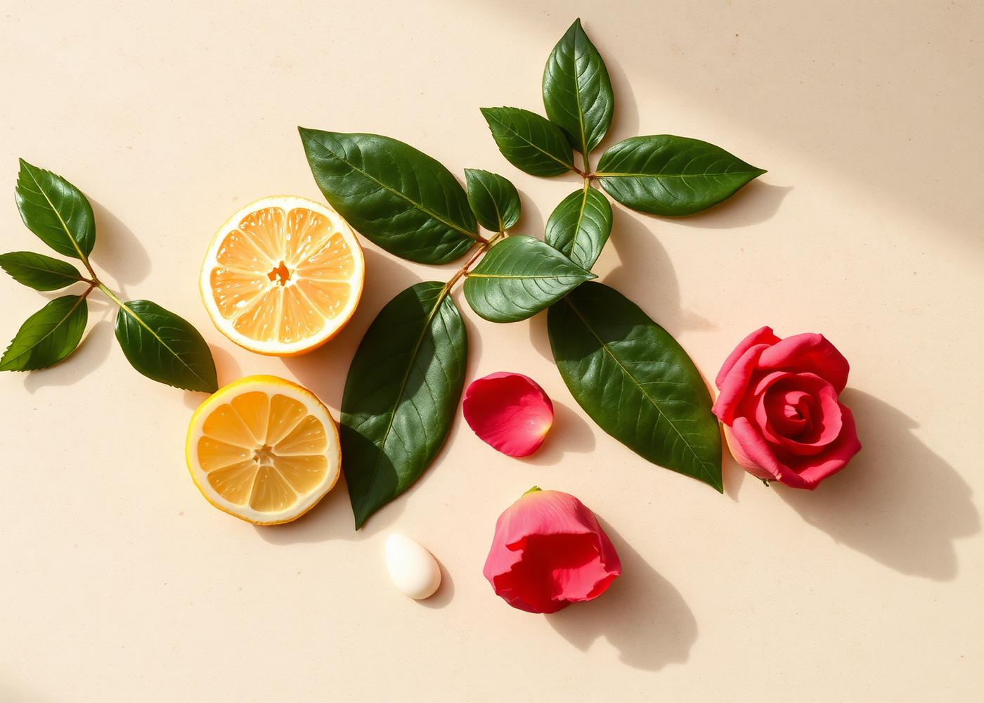 Botanical skincare ingredients arranged on stone